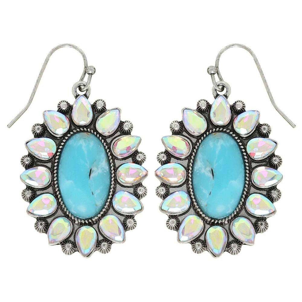 Western Rhinestone Turquoise Oval Concho Earrings | 1.6" Drop